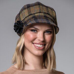 New Women's Wool Newsboy Hat Brown Orange Check (Made in Ireland)